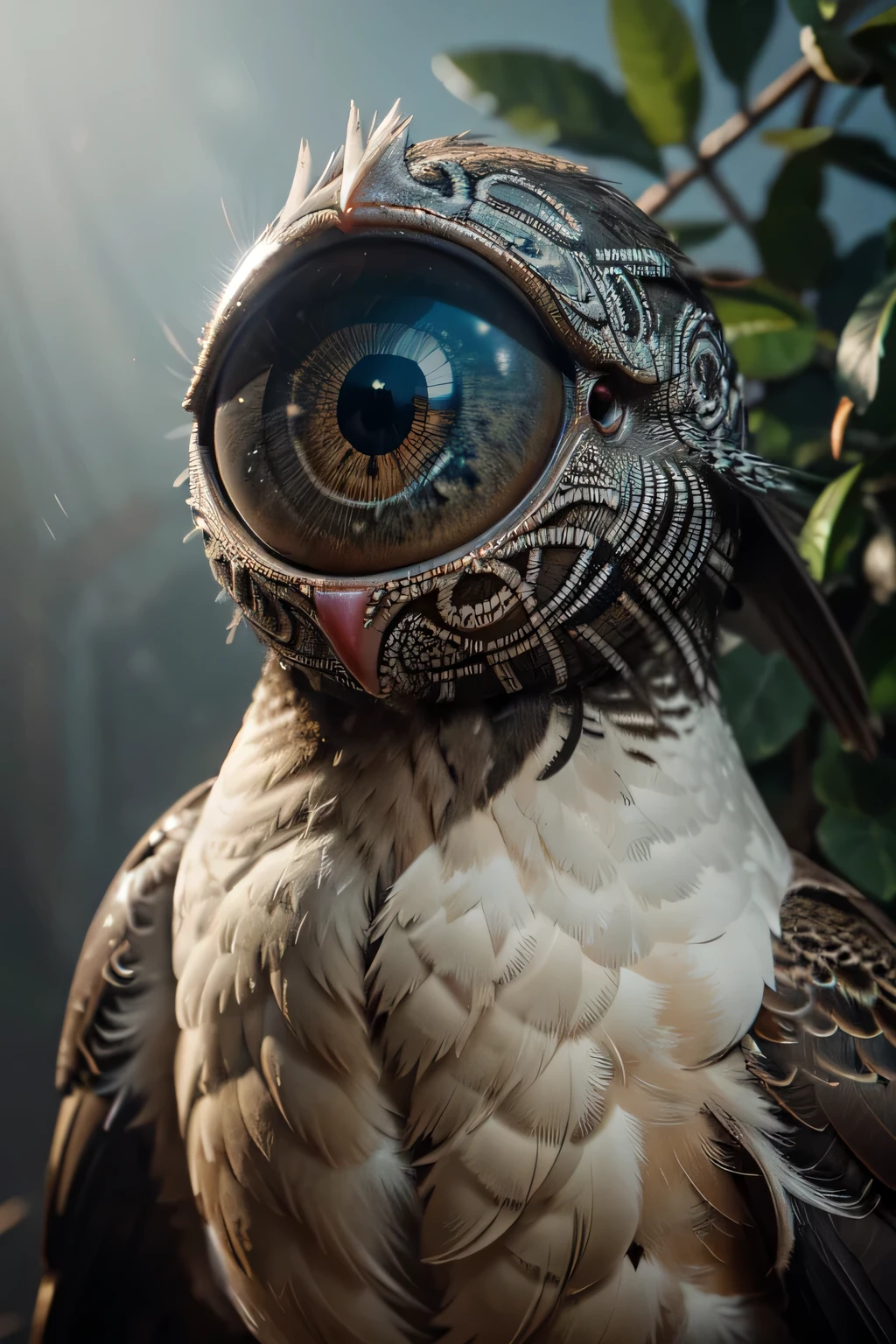 a bird with no beak and 1 giant eye, detailed bird anatomy, highly detailed, photorealistic, 8k, masterpiece, intricate details, hyper realistic, cinematic lighting, dramatic lighting, dramatic colors, surreal, fantasy, ethereal, floating, dreamlike