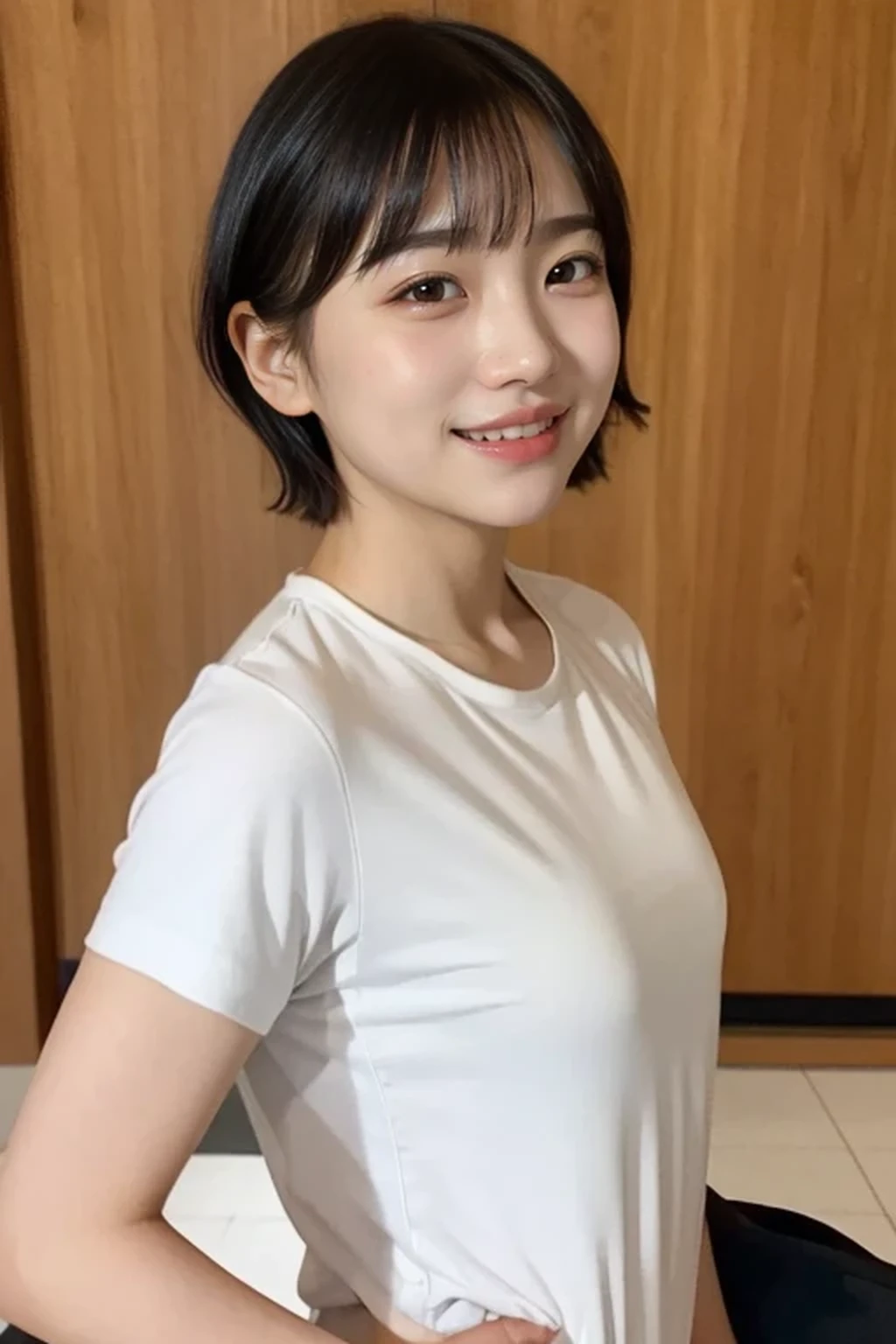 one girl, , 8k, RAW photo, best quality, masterpiece, realistic, photo-realistic, clear, professional lighting, BREAK, no makeup face, smile, shirt, solo, gym uniform, ブルマ, buruma, white shirt, BREAK, (short cut hair, small breasts:1.2), (looking back:1.2), black eyes, black hair, full body, (classroom:1.2)