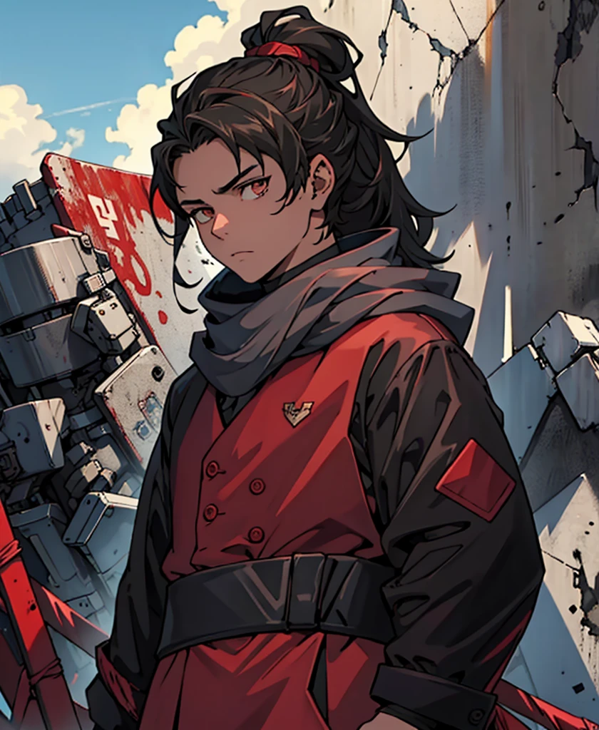 1 boy, , serious face, black hair, long hair (tied hair), black closed coat, blood, One, red and blue magic around him, Looking at the viewer, upper body, sky, (masterpiece:1.2, Best quality)