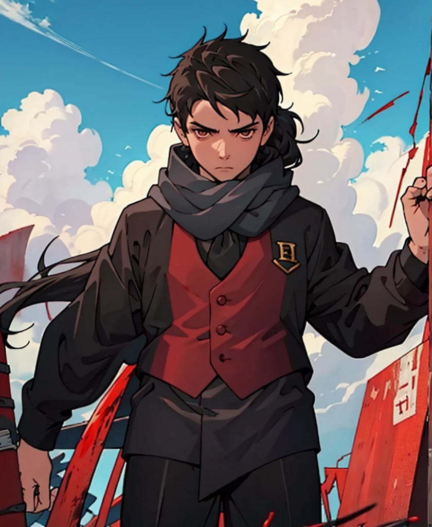 1 boy, , serious face, black hair, long hair (tied hair), black closed coat, blood, One, red and blue magic around him, Looking at the viewer, upper body, sky, (masterpiece:1.2, Best quality)