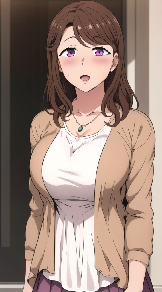 master piece, EMBARRASSED, SHY, 1girl, hand over mouth, breasts, solo, brown hair, pink eyes, PURPLE SKIRT , large breasts, looking at viewer, BLUSH, open mouth, long hair, collarbone, upper body, necklace, white dress, cardigan, brown jacket, , (((white shirt))), outside, park , mature female,(masterpiece: 1.0), (best_quality: 1.0), ultra high resolution, 4K, ultra detailed, photography, 8K, HDR, highres, absurders:1.2, Kodak portra 400, film grain, blurred background, bokeh:1.2, l (vibrant_color:1.2) (Beautiful), (beautiful_face:1.5),(narrow_waist), anime style, sharp focus, professional artwork,trending on pixiv, detailed bold arm lines, high color saturation, bold lines, bold drawing lines), open mouth, (white skin, (fair skin),
