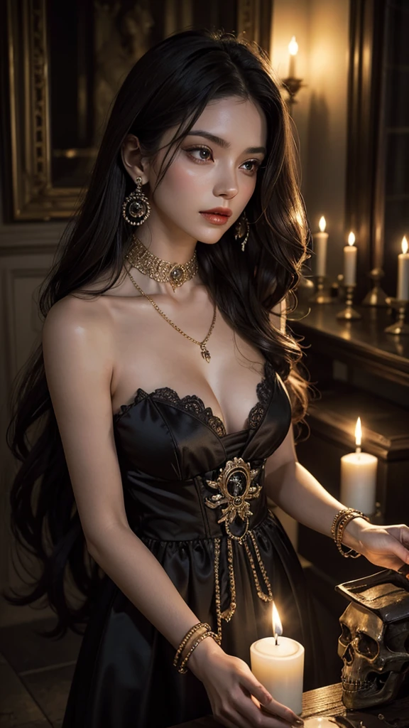 Create an image of a woman in the cemetery and tombs appear.
It has the following characteristics:
Western woman, square face with well-marked jaw and cheekbone, with defined features and intense gaze.
Light brown skin, long, black and wavy hair, with a slight shine, loose or partially tied up with ornaments.
Penetrating brown eyes, with an expression of mystery.
Full, red lips, conveying sensuality and confidence. Wear a long, voluminous period dress, black, with red and gold details.
Bodices and necklines that highlight femininity, but with a touch of class. In her hand a dagger. Accessories such as gold necklaces, large earrings, bracelets and rings with precious stones. The setting is a cemetery and has the presence of mystical elements such as lit candles and skulls on the floor, and red roses scattered across the floor.
An altar in the background, bottles of wine or liquor, and items such as skulls.
Night atmosphere with soft full moon light, creating an aura of mystery and spirituality.Soft smoke all around,
Soft glow surrounds this woman, highlighting her spiritual and powerful presence.
witchcraft scenario and mysticism.
it is a divinity.