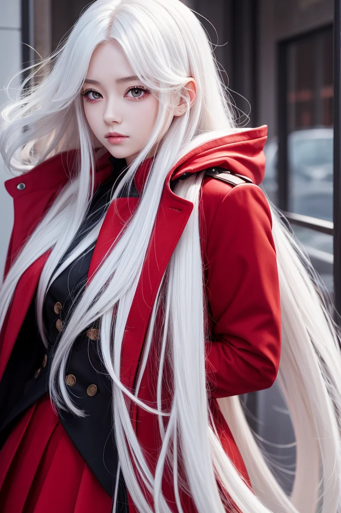 1 anime gorgeous girl, long white hair, red eyes, red overcoat, black skirt