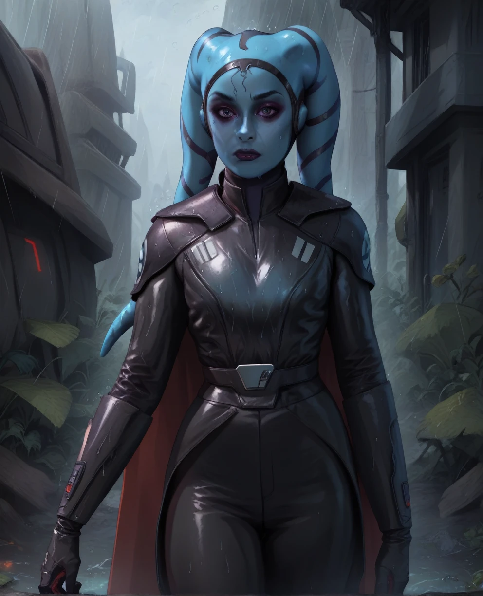 score_9,score_8_up,score_7_up,score_6_up, Female Twi'lek, Aayla Secura
 ,wearing armor
, FULL body, wet, armor,gloves,black bodysuit,black cape,belt,rain, science fiction,sith base, star wars, outdoors, rain, solo,fflixbag wearing armor sabine wren space_girl

