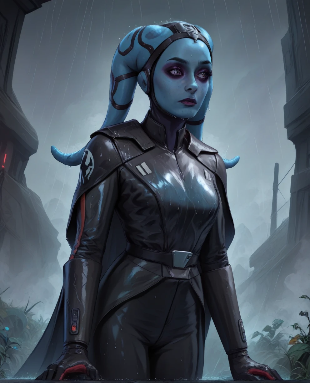 score_9,score_8_up,score_7_up,score_6_up, Female Twi'lek, Aayla Secura
 ,wearing armor
, FULL body, wet, armor,gloves,black bodysuit,black cape,belt,rain, science fiction,sith base, star wars, outdoors, rain, solo,fflixbag wearing armor sabine wren space_girl
