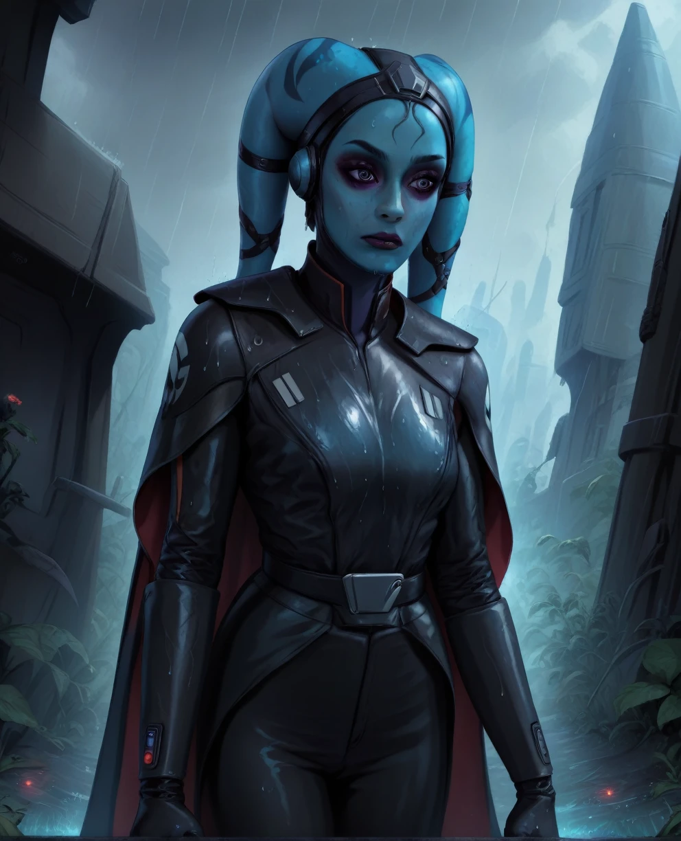 score_9,score_8_up,score_7_up,score_6_up, Female Twi'lek, Aayla Secura
 ,wearing armor
, FULL body, wet, armor,gloves,black bodysuit,black cape,belt,rain, science fiction,sith base, star wars, outdoors, rain, solo,fflixbag wearing armor sabine wren space_girl
