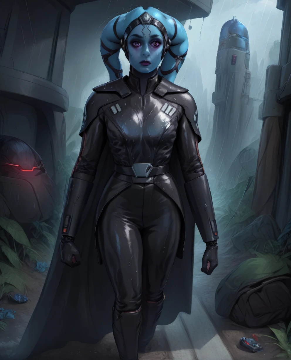 score_9,score_8_up,score_7_up,score_6_up, Female Twi'lek, Aayla Secura
 ,wearing armor
, FULL body, wet, armor,gloves,black bodysuit,black cape,belt,rain, science fiction,sith base, star wars, outdoors, rain, solo,fflixbag wearing armor sabine wren space_girl
