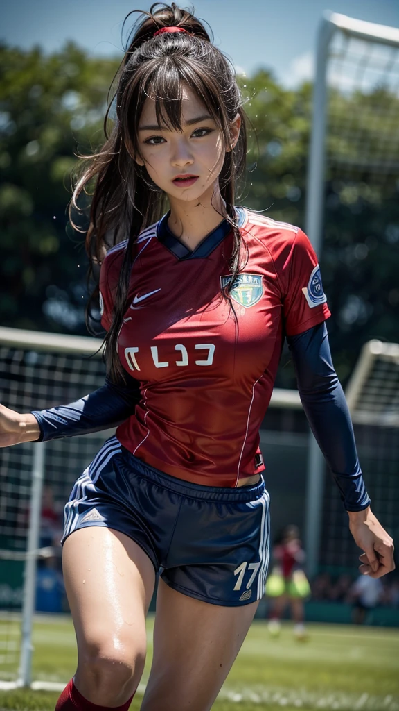 Highest quality, High resolution:1.2, Very detailed, Realistic:1.3, ((Beautiful woman))、((Super tight uniform))、((Big Breasts))、(The abdomen is visible)、(((Soccer uniforms)))、Vibrant colors, play soccer,(Blunt bangs)、((Various Hair Styles))、Different hair colors、With bangs、Wet Hair, concentrate, splash, Action Shots, Grass blotches, Muddy ground, Wet turf, decide, Fast-paced games, Athletic physique, Shiny soccer ball, Wet Uniform, raindrop, Blurred motion, ボールにconcentrateする, Intense competition, Skillful dribbling, Energetic play, Teamwork, powerful shoots, Wet pitch, Passionate sports, Fierce decide, Humid atmosphere, Fluid movement, emotional expression、Dramatic lighting, Women's Sports, Avid athletes, Exciting Games, Endure, Excited state, Speed and agility, Energetic play, 濡れたsplash、smile、((Red Uniform))