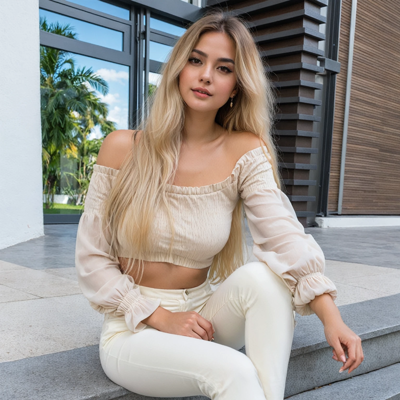 rubioe woman sitting on steps with white pants and off shoulder top, with long rubio hair, cute woman, vistiendo un crop top sexy, Pretty girl, crop top, rubio, beautiful lady, Mia Kischner, rubioe girl, cool appearance, wearing a cute top, cream colored blouse, to blond, CropTop, trendy clothes, usando un crop top, chica sexy
