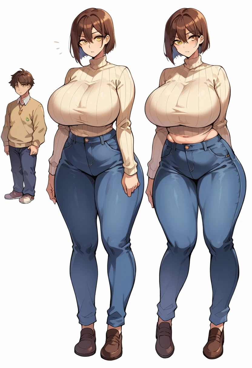 an adult woman, He has a robust and curvy build. Her hips and bust are pronounced, which gives you an hourglass figure, some wrinkles on the face, short brown hair, yellow eyes, big breasts, wide hips, wide stomach, thick thighs, low height, huge beige sweater, blue jeans, full body view, White background, alone