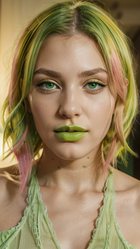 8k, close up photo-realistic portrait of beautiful 19 year European girl, ((yellow and green hair, , light green eyes, pink lipstick, ))