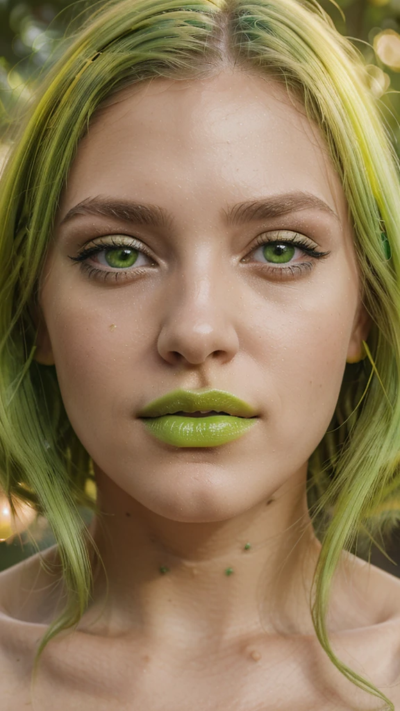 8k, close up photo-realistic portrait of beautiful 19 year European girl, ((yellow and green hair, , light green eyes, pink lipstick, ))