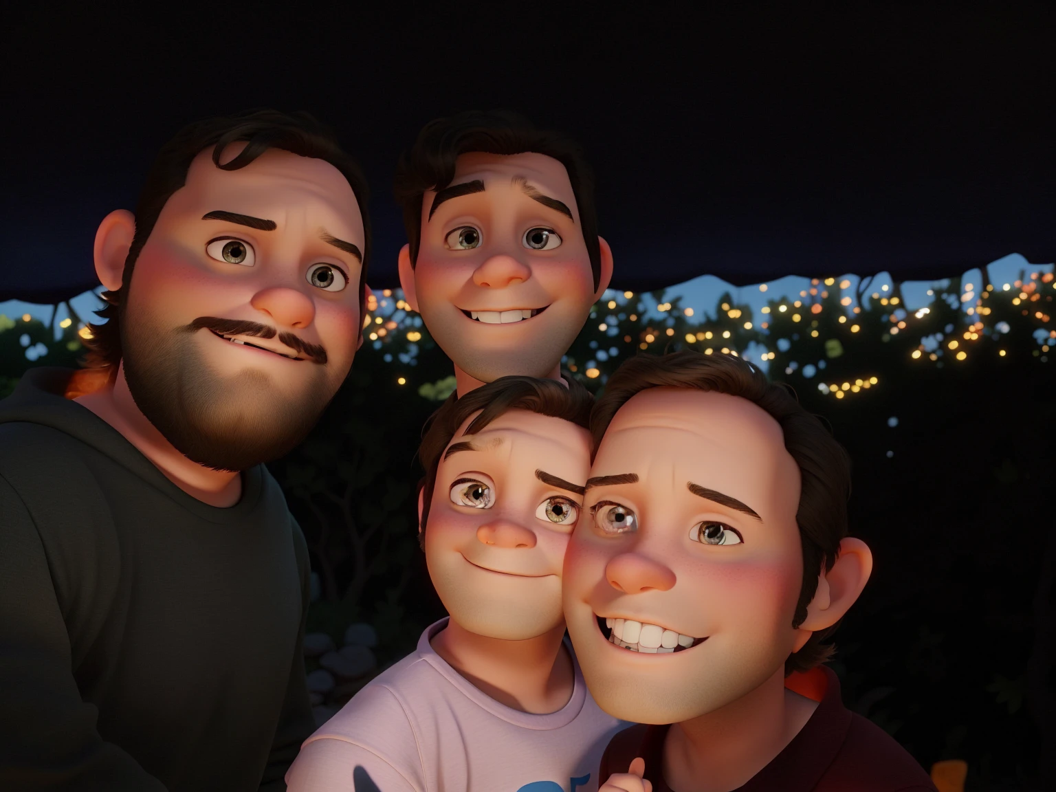 A Disney Pixar-style family in the woods on a sunny day, high qualiy, Man with slanted eyes, Baby with short black hair