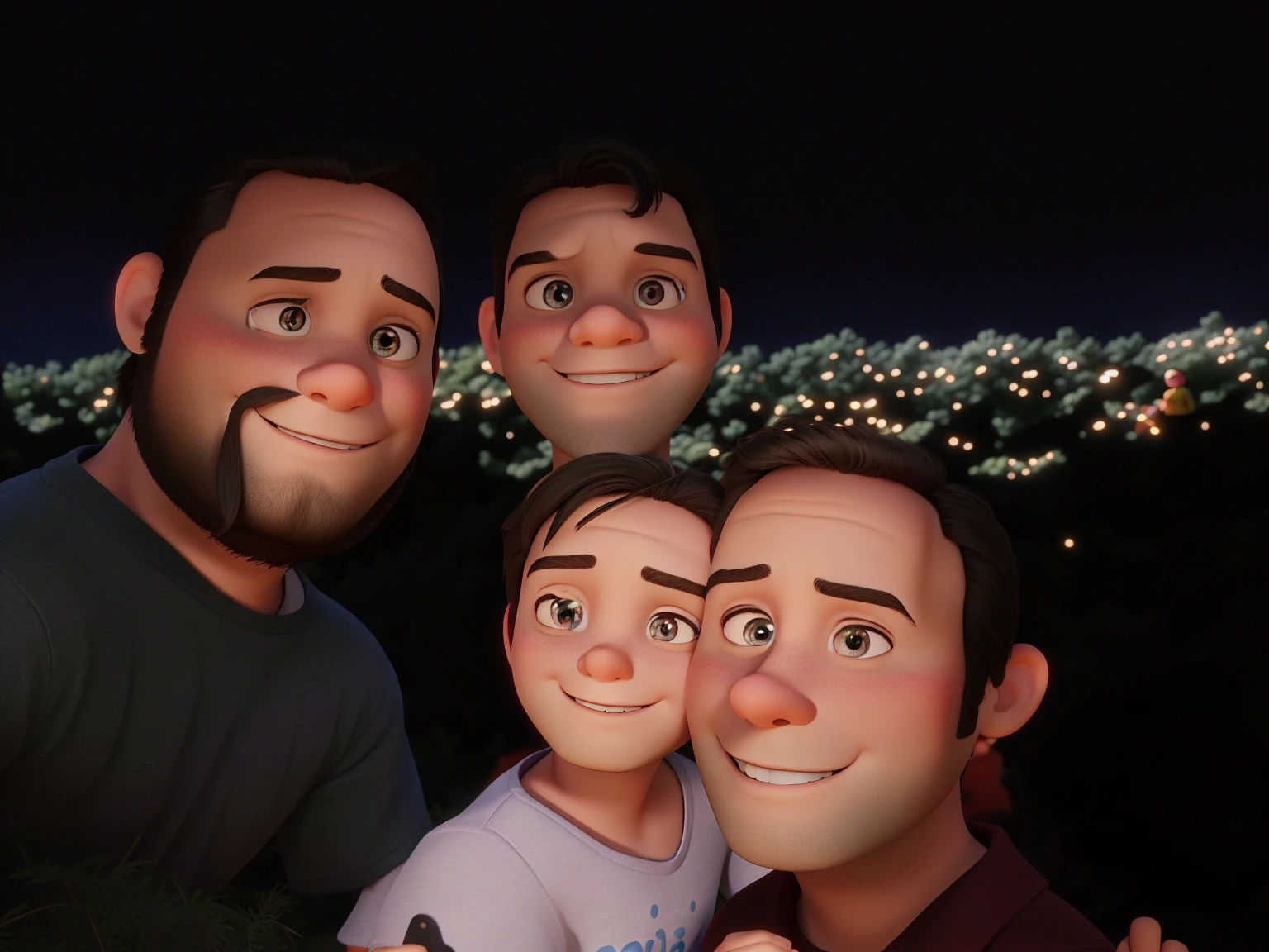 A Disney Pixar-style family in the woods on a sunny day, high qualiy, Man with slanted eyes, Baby with short black hair