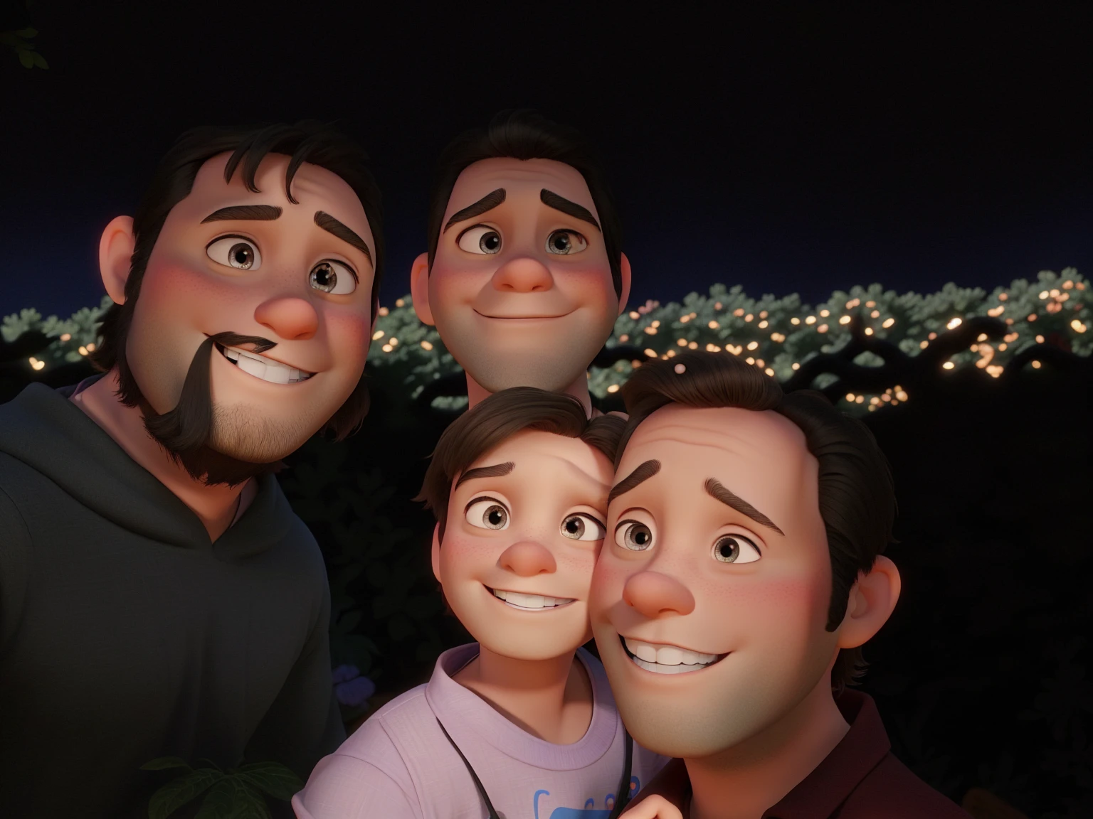 A Disney Pixar-style family in the woods on a sunny day, high qualiy, Man with slanted eyes, Baby with short black hair