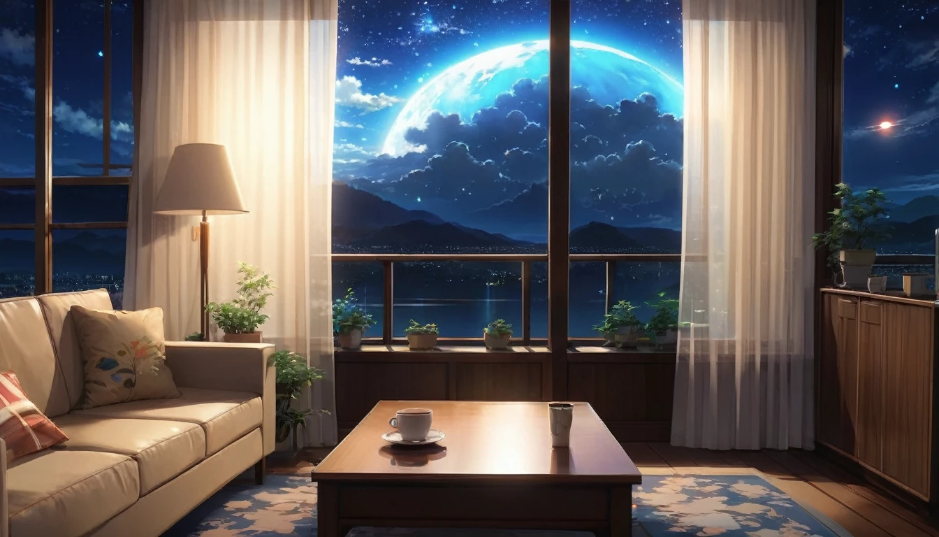 there is a living room with a couch and a coffee table, beautiful anime scene, anime background art, anime beautiful peace scene, cosmic skies. by makoto shinkai, anime scenery, moonlit starry sky environment, beautiful anime scenery, anime background, anime movie background, anime landscape wallpaper, personal room background, 4k anime wallpaper, relaxing concept art, anime atmospheric