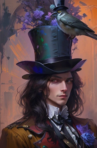 painting of a woman with a hat and a bird on her head, the madhatter, the rad hatter, he is wearing a top hat, an expressive digital painting, the mad hatter, painted character portrait, mad hatter, with a glass eye and a top hat, in style of digital painting, archwizzard in a hat