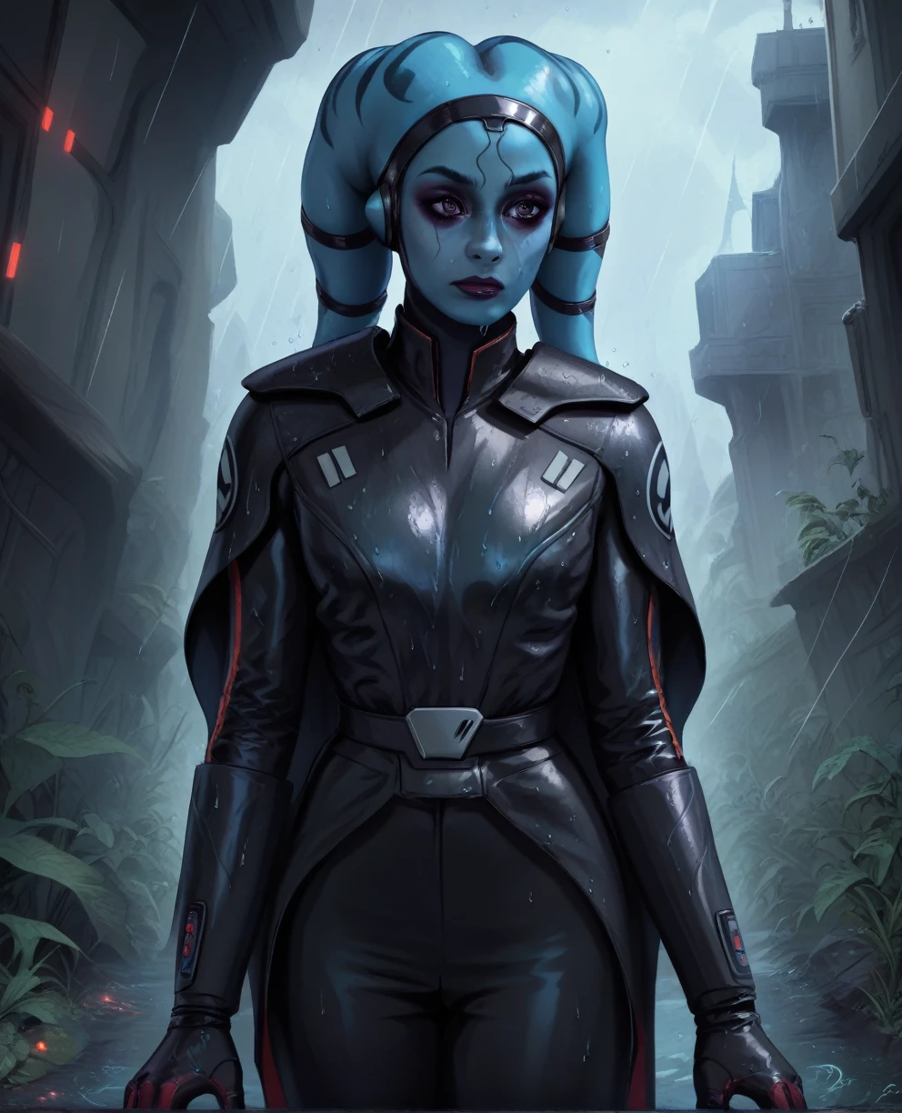 score_9,score_8_up,score_7_up,score_6_up, Female Twi'lek, Aayla Secura
,(wearing armor)
, FULL body, wet, armor,gloves,black bodysuit,black cape,belt,rain, science fiction,sith base, star wars, outdoors, rain, solo,fflixbag wearing armor sabine wren space_girl