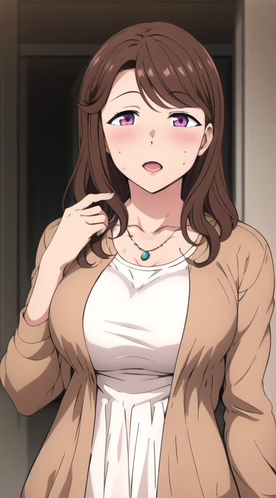 master piece, constricted eyes, EMBARRASSED, SHY, 1girl, hand over mouth, breasts, solo, brown hair, pink eyes, PURPLE SKIRT , large breasts, looking at viewer, BLUSH, open mouth, long hair, collarbone, upper body, necklace, white dress, cardigan, brown jacket, , (((white shirt))), outside, park , mature female,(masterpiece: 1.0), (best_quality: 1.0), ultra high resolution, 4K, ultra detailed, photography, 8K, HDR, highres, absurders:1.2, Kodak portra 400, film grain, blurred background, bokeh:1.2, l (vibrant_color:1.2) (Beautiful), (beautiful_face:1.5),(narrow_waist), anime style, sharp focus, professional artwork,trending on pixiv, detailed bold arm lines, high color saturation, bold lines, bold drawing lines), open mouth, (white skin, (fair skin),
