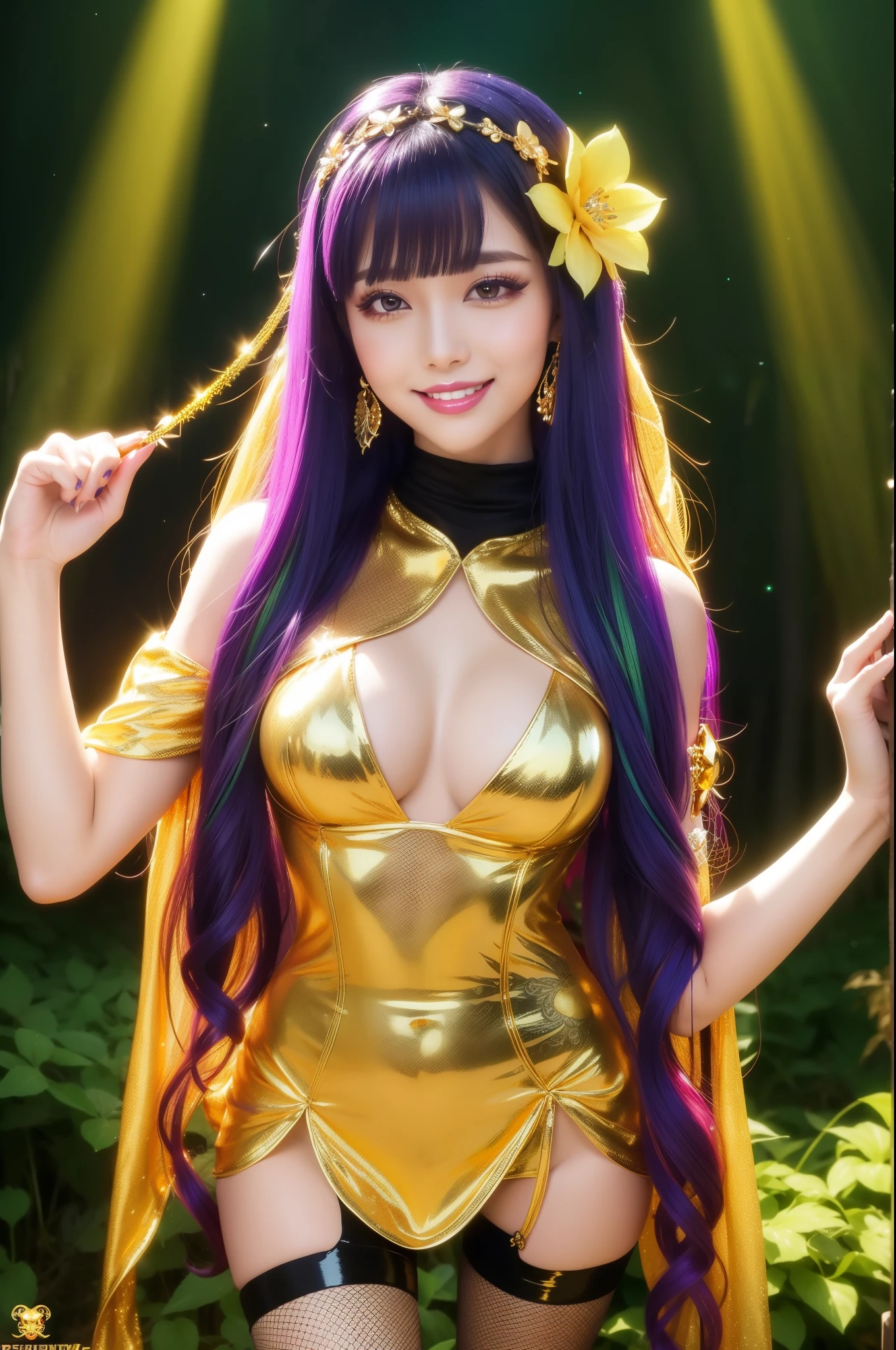 y golden princess who controls poison、beautiful smile、lipgloss、long lashes、intense makeup、look at the camera、full body Esbian、、sparkling poisoned flower costume、、、、shiny sparkling multicolor hair、secrete poison、skull hair accessories、fishnet tights、shiny sparkling dark magic forest background