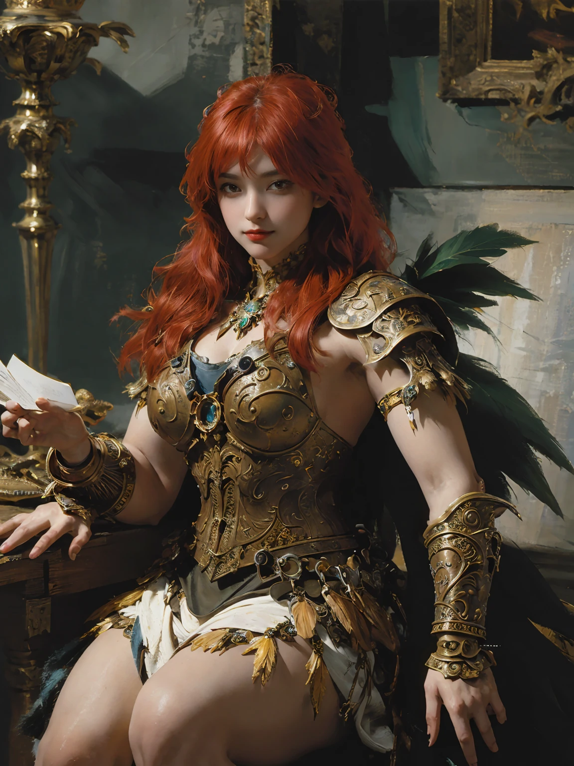 fechin oil painting style, oil brush strokes, large color blocksdisney,in the Palace of Westminster,a female Amazon, medieval theme, (((masterpiece))), ((best quality)), ((intricate detailed)), ((Hyperrealistic)), a muscular woman with feather coat, bracers, pauldrons, perspective, highly detailed, illustration, 1 girl, perfect hands, detailed fingers, beautiful detailed eyes, red hair (fantasy:1.2), armor, detailed background, fierce look, dynamic view,