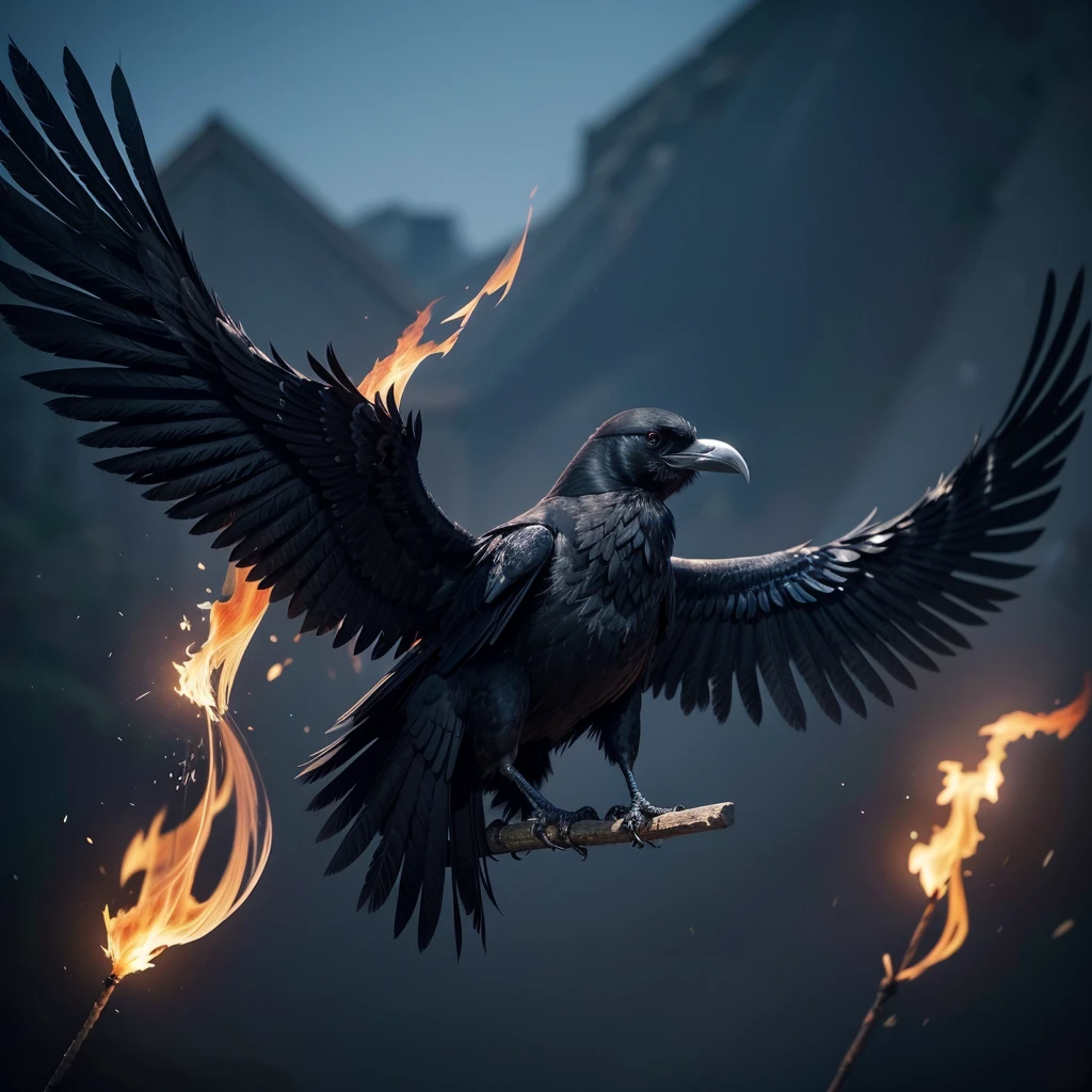 a symbol made up of a black raven, its feathers shining with a dark blue reflection, as if they were burning in intense fire. Your wings are spread wide, each feather outlined in shades of orange and red, appearing to be on fire. The raven&#39;s eyes are deep and penetrating, shining with a mix of determination and defiance. Below the crow, there is a halo of golden fire, representing acceptance of death and immersion in infamy. Ao fundo, a dark and tumultuous sky, as if the crow was about to plunge into a hell of its own choosing.