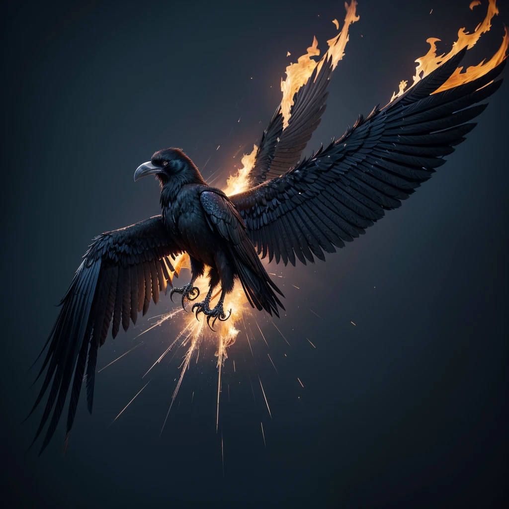 a symbol made up of a black raven, its feathers shining with a dark blue reflection, as if they were burning in intense fire. Your wings are spread wide, each feather outlined in shades of orange and red, appearing to be on fire. The raven's eyes are deep and penetrating, shining with a mix of determination and defiance. Below the crow, there is a halo of golden fire, representing acceptance of death and immersion in infamy. Ao fundo, a dark and tumultuous sky, as if the crow was about to plunge into a hell of its own choosing.