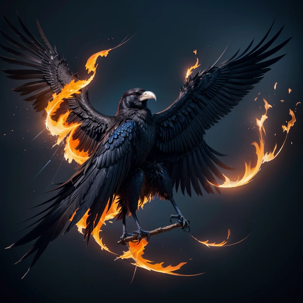 a symbol made up of a black raven, its feathers shining with a dark blue reflection, as if they were burning in intense fire. Your wings are spread wide, each feather outlined in shades of orange and red, appearing to be on fire. The raven&#39;s eyes are deep and penetrating, shining with a mix of determination and defiance. Below the crow, there is a halo of golden fire, representing acceptance of death and immersion in infamy. Ao fundo, a dark and tumultuous sky, as if the crow was about to plunge into a hell of its own choosing.