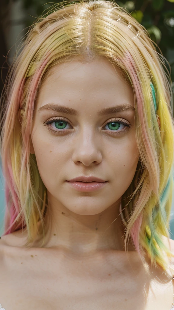 8k, close up photo-realistic portrait of beautiful 19 year European girl, ((yellow and pink hair, , light green eyes,  ))