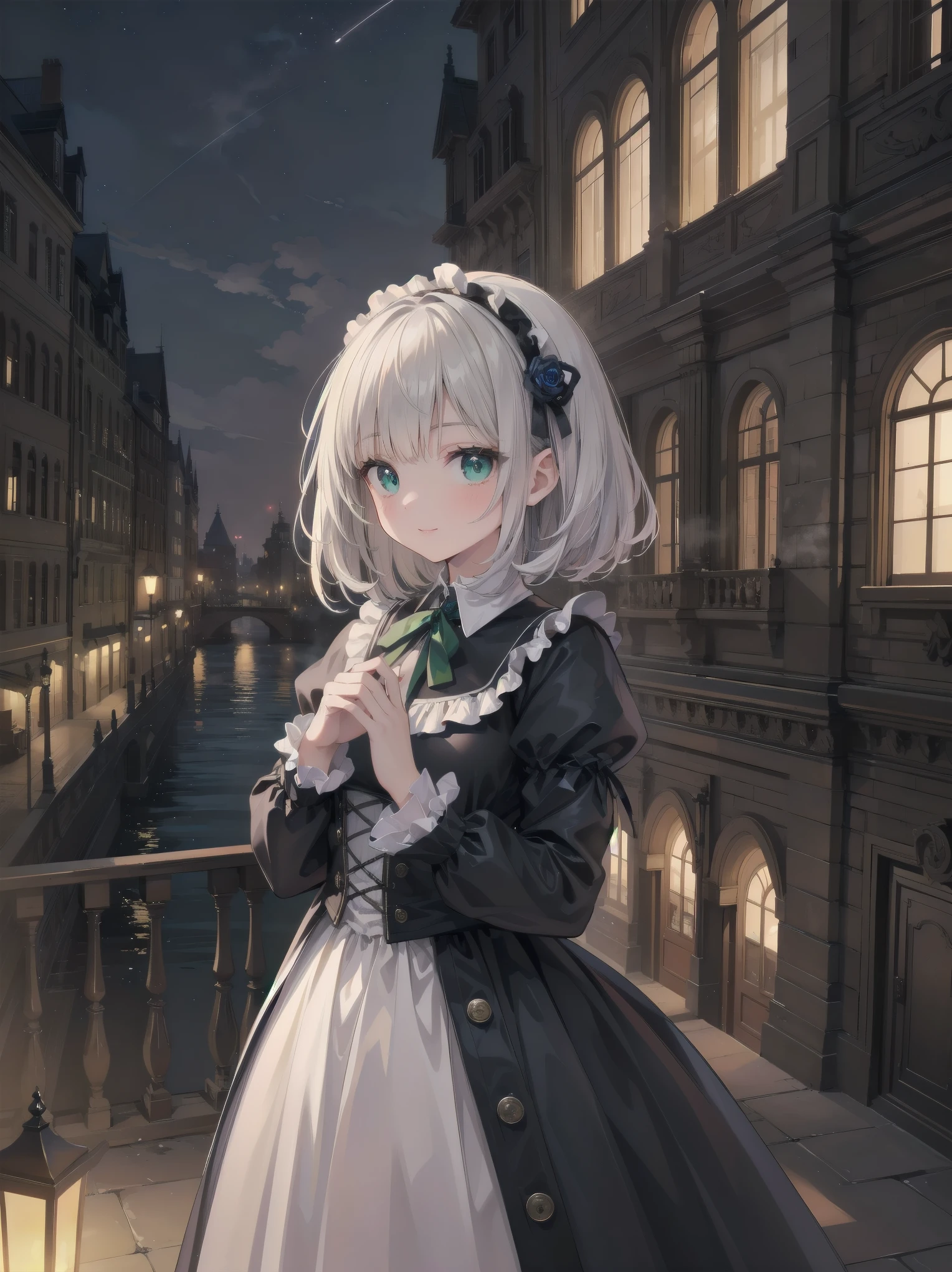 (Highest quality、16K、masterpiece、Ultra-high resolution、Victorian era、Photorealistic:1.2)、A delicate Lolita girl, aged 13, stands on a castle balcony at dusk, surrounded by the city's skyline and steampunk contraptions. Her platinum hair is messy, framing her androgynous charm. She wears a flowing white dress with a light green tie and holds a pocket watch in hand. A subtle smile plays on her lips as she gazes out at the night view, her eyes shining like sapphires. The air is filled with steam spewing from pipes, adding to the surreal atmosphere. Her skin glows with an ultra-dense texture, and her fingers are full and detailed.
