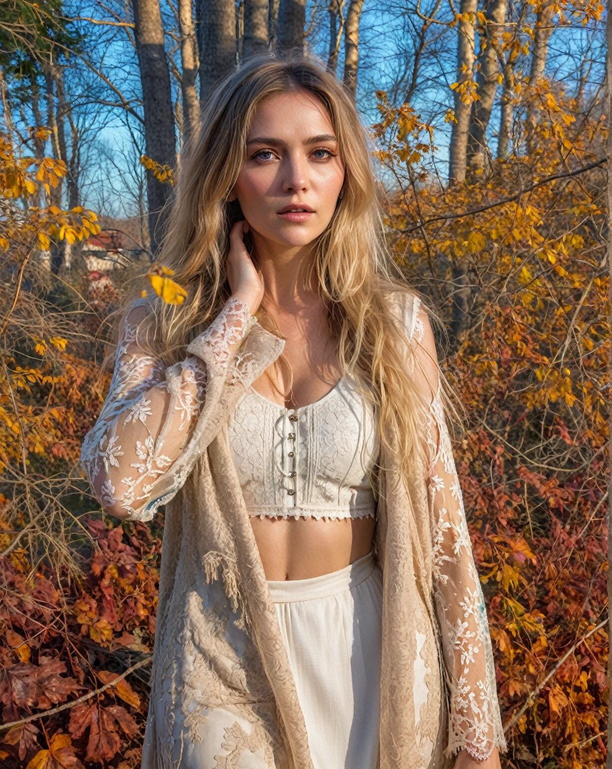 a character photo portrait of a croatian woman with dark blonde hair showing a bohemian style, fringed vest over a long lace dress with bell sleeves., unpack, Light and space, dramatic light on the face, realistic face changing lighting, light falling on the face