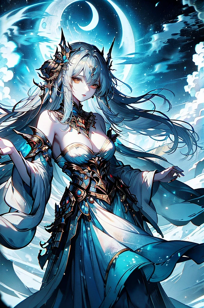 pixiv Competition Winner, Fantasy Art, white haired god, beautiful character painting, Guvez style artwork, Yukionna's dazzling gaze, guweiz, long white hair, Flowing hair and robes, cute large eyes, Illustrations, fine lines, dark colored，neon color，Scattered snow