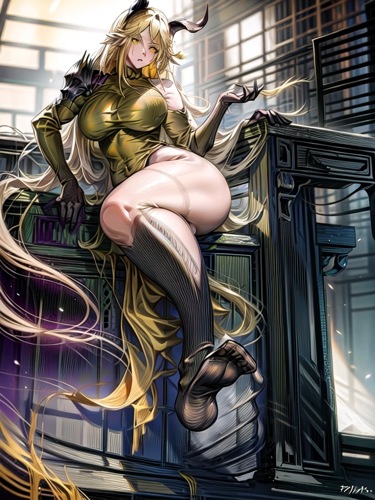 degenbrecher(arknights), blonde hair, (yellow eyes:1.5), long hair, (large breasts:1.2), thick,
BREAK ((socks)),
BREAK looking at viewer, stepping on viewer, from below, (FFA), leg up, (sole), ((feet)),
BREAK (masterpiece:1.2), best quality, high resolution, unity 8k wallpaper, (illustration:0.8), (beautiful detailed eyes:1.6), extremely detailed face, perfect lighting, extremely detailed CG, (perfect anatomy),