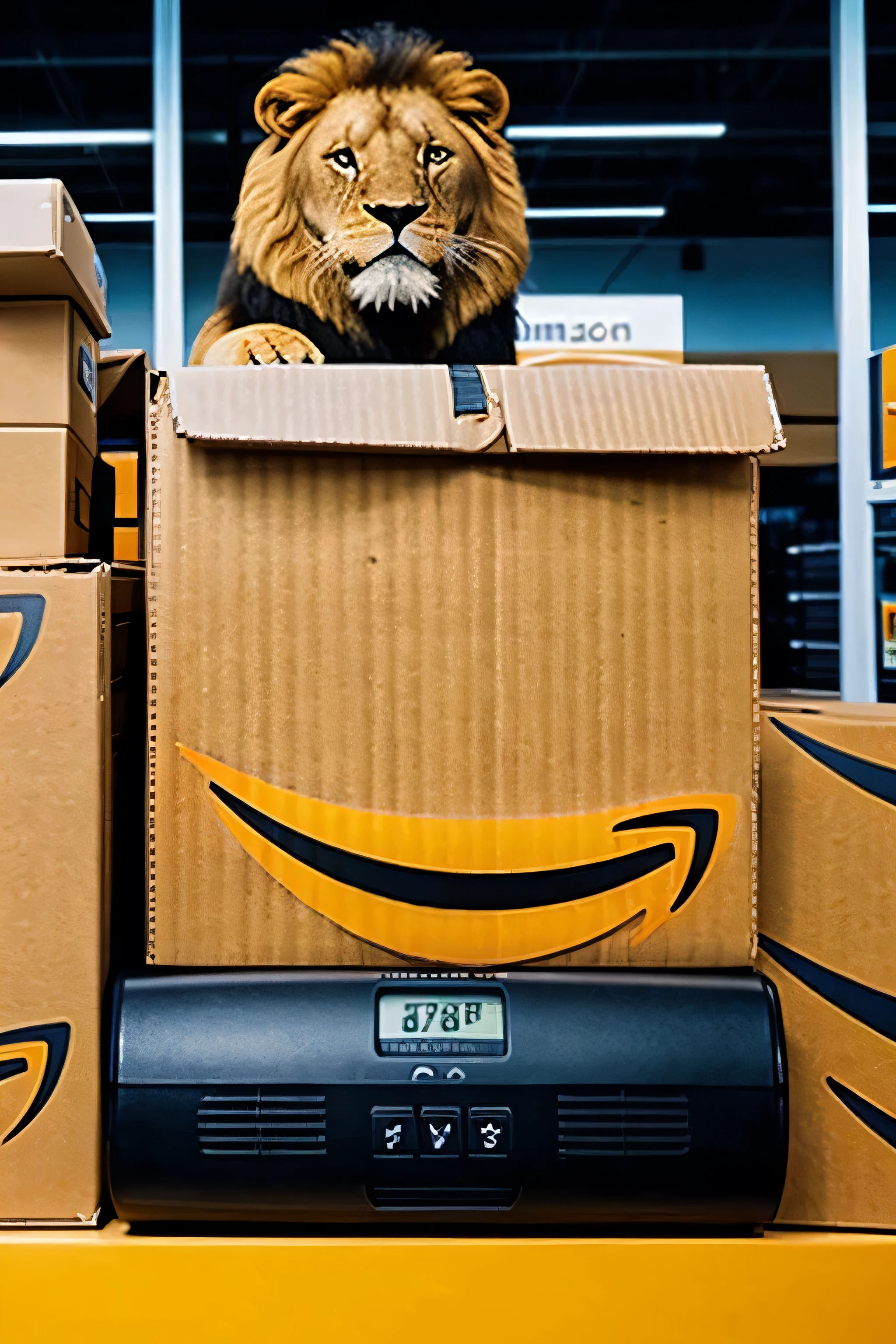 Corporate image of a company that sells Amazon accessories at low prices, with an animated lion