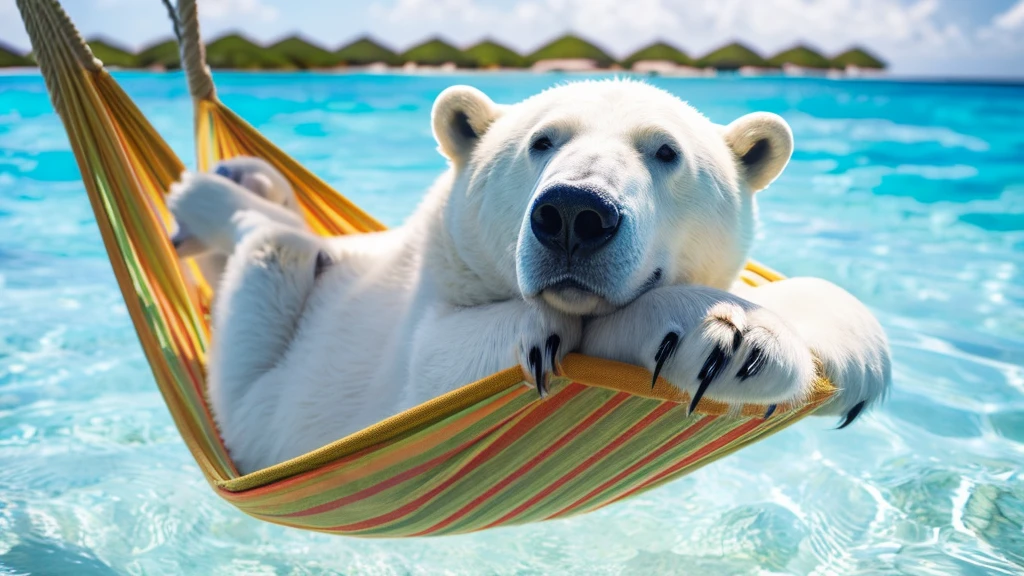 a polar bear lies in a hammock on the beach in the Maldives, a glass of lemon juice in his left paw, photorealistic, 4K
