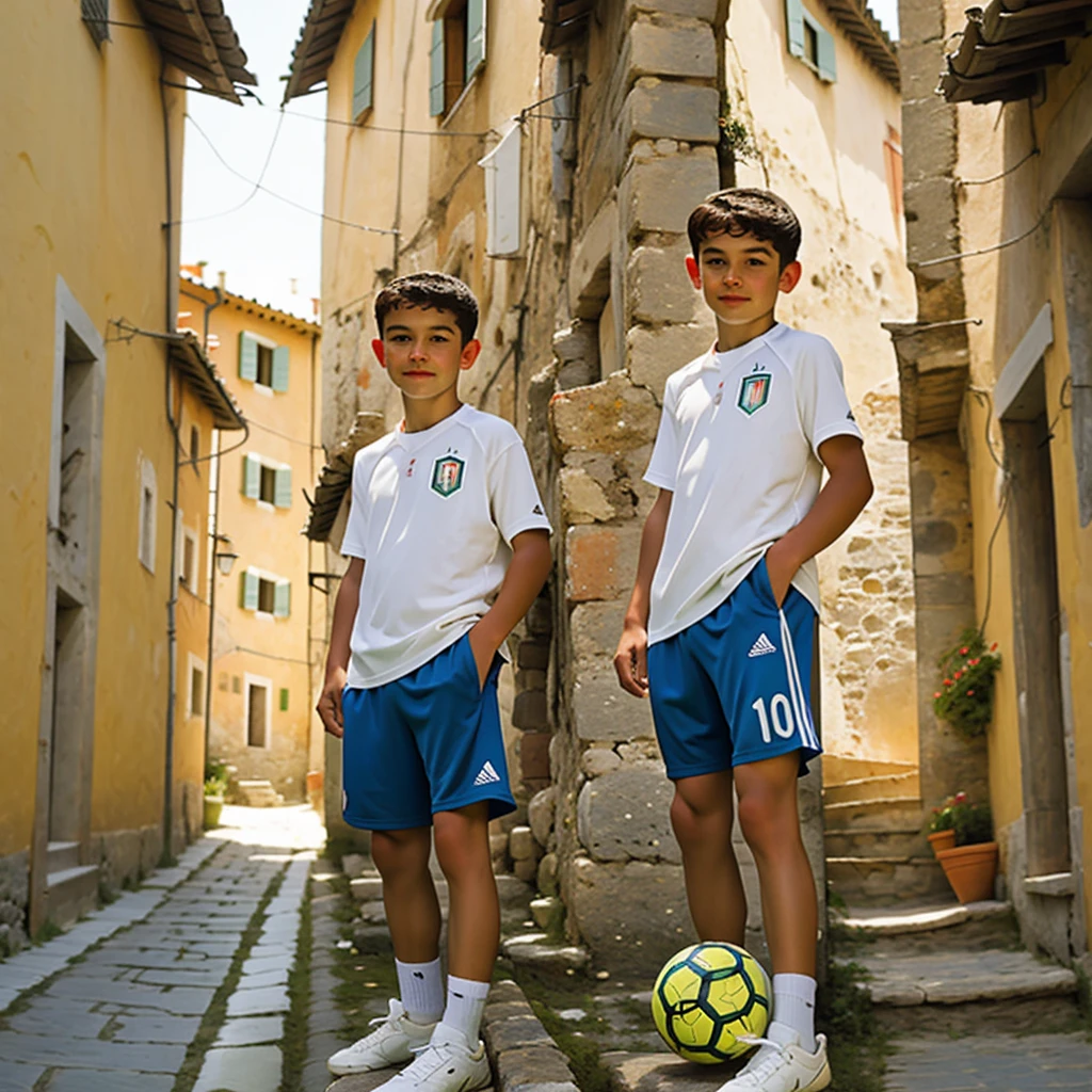 Boy holding soccer ball in an Italian village. ((best quality)), ((masterpiece)), (detailed)