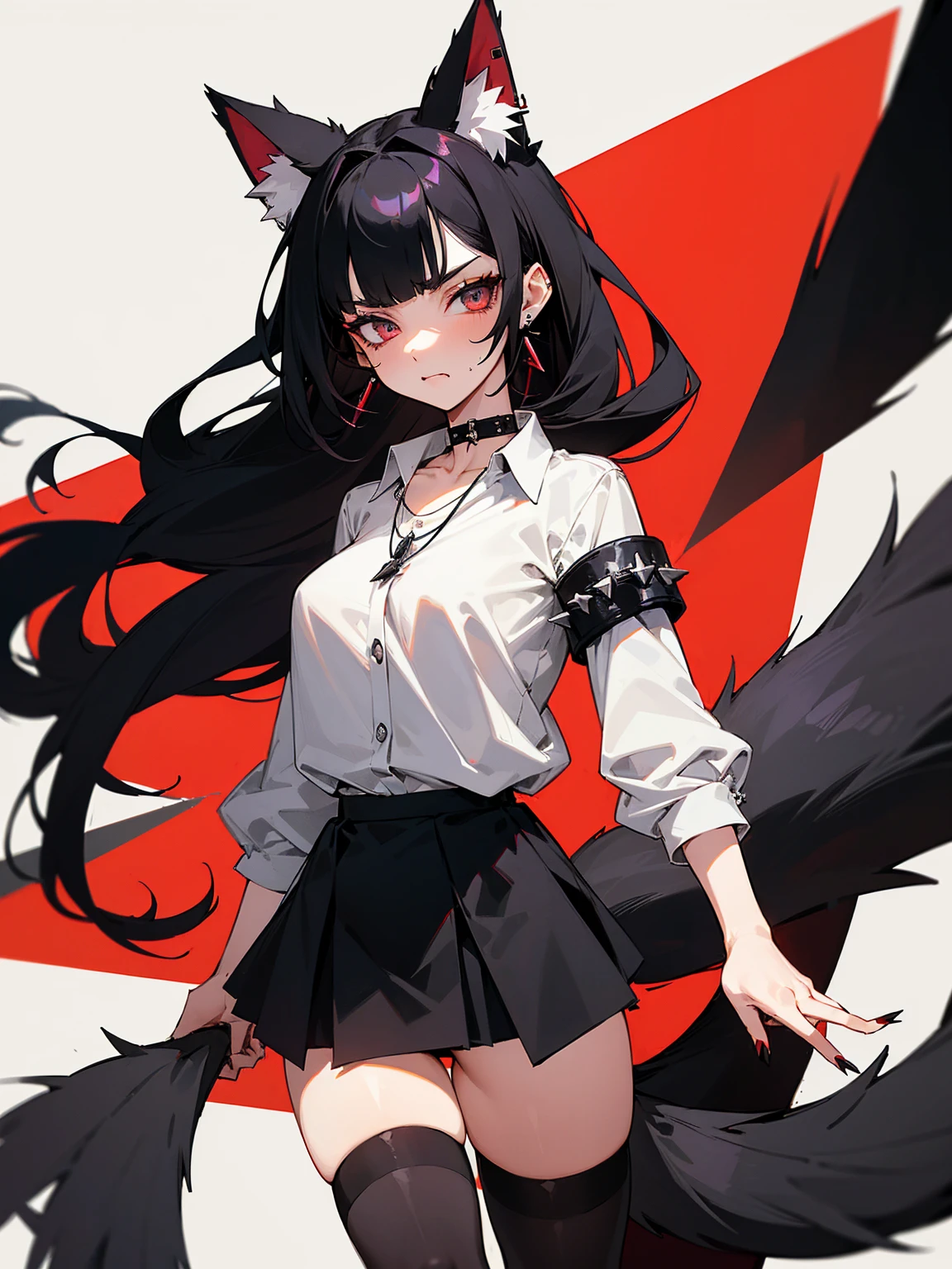 ((Long Straight Black hair)), Perfect face, Choker, Punk earrings, ((Tall)), ((High Quality)), Necklace, ((Mature)), Pretty Eyes, Sharp Nails, Bangs, ((1 Girl)), ((Multiple Earrings)), 1 girl, Spiky Earrings, Adult, Spiked Collar, Thin Eyelashes, Plain Background, Red Colors in Background, Cat Girl, Long Tail, Large Tail, Massive Tail, Black Tail, ((Black Goth Mini Skirt)), ((White Shirt)), Close Up, Very Short Mini Skirt, Tall, Long Legs, Sexy Thigh Highs, ((Very Disgusted)), Dynamic Pose, Disgusted Face,