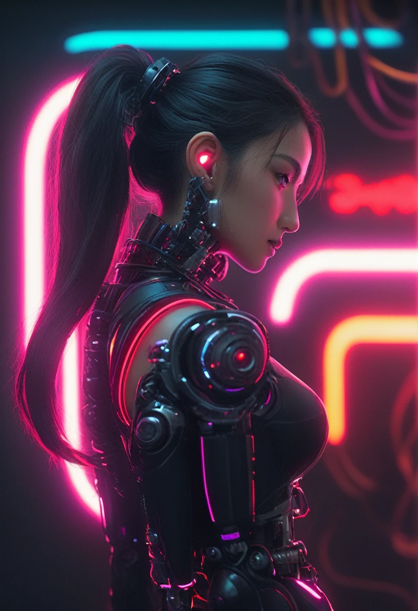 xxmixgirl. Highly detailed professional 35mm film, bokeh, face in sharp focus. A robotic female, Miku, with ((metal skin)), ((perfect Asian eyes)) with magenta irises and ((black pupils)), beautiful serious (detailed face), 18 year old ((photorealistic face)), very long magenta twin tails of magenta hair, twin black hair ties with a single red stripe. She may have a black audio headpiece. We can see her ((full body)) down to her boot soles. Her outfit is a sleeveless collared light grey shirt, outlined in red around the frilled collar and hems. Shiny reflective ((metallic breast cups, dimpleless)), invisible nipples. She wears black sleeves with red hems that start around her upper arm and bellow out as the sleeves open and extend to her wrists, with wide trumpet red rimmed cuffs. She has perfect robotic (detailed hands). She wears a red colored tie with two horizontal solid parallel black lines halfway across. She wears a fabric black skirt with a horizontal red hem at the bottom all the way around; her (((black skirt wraps around her))) and ((her skirt completely covers)) her robotic waist and thighs. Tall black boots with red bottom soles, a red rim around the top at her thighs. Her mechanical shoulder joints are visible. We can see her robotic legs and robotic neck. Half of her is covered with shiny polished machinery. The background is a distant dark neon futuristic Japanese city, gold, cyan, violet neon, near harbor or mountains.