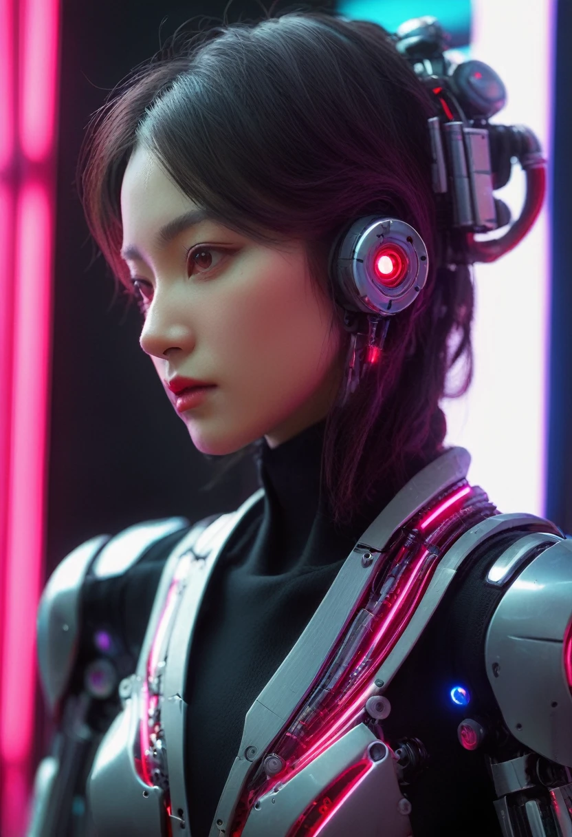 xxmixgirl. Highly detailed professional 35mm film, bokeh, face in sharp focus. A robotic female, Miku, with ((metal skin)), ((perfect Asian eyes)) with magenta irises and ((black pupils)), beautiful serious (detailed face), 18 year old ((photorealistic face)), very long magenta twin tails of magenta hair, twin black hair ties with a single red stripe. She may have a black audio headpiece. We can see her ((full body)) down to her boot soles. Her outfit is a sleeveless collared light grey shirt, outlined in red around the frilled collar and hems. Shiny reflective ((metallic breast cups, dimpleless)), invisible nipples. She wears black sleeves with red hems that start around her upper arm and bellow out as the sleeves open and extend to her wrists, with wide trumpet red rimmed cuffs. She has perfect robotic (detailed hands). She wears a red colored tie with two horizontal solid parallel black lines halfway across. She wears a fabric black skirt with a horizontal red hem at the bottom all the way around; her (((black skirt wraps around her))) and ((her skirt completely covers)) her robotic waist and thighs. Tall black boots with red bottom soles, a red rim around the top at her thighs. Her mechanical shoulder joints are visible. We can see her robotic legs and robotic neck. Half of her is covered with shiny polished machinery. The background is a distant dark neon futuristic Japanese city, gold, cyan, violet neon, near harbor or mountains.