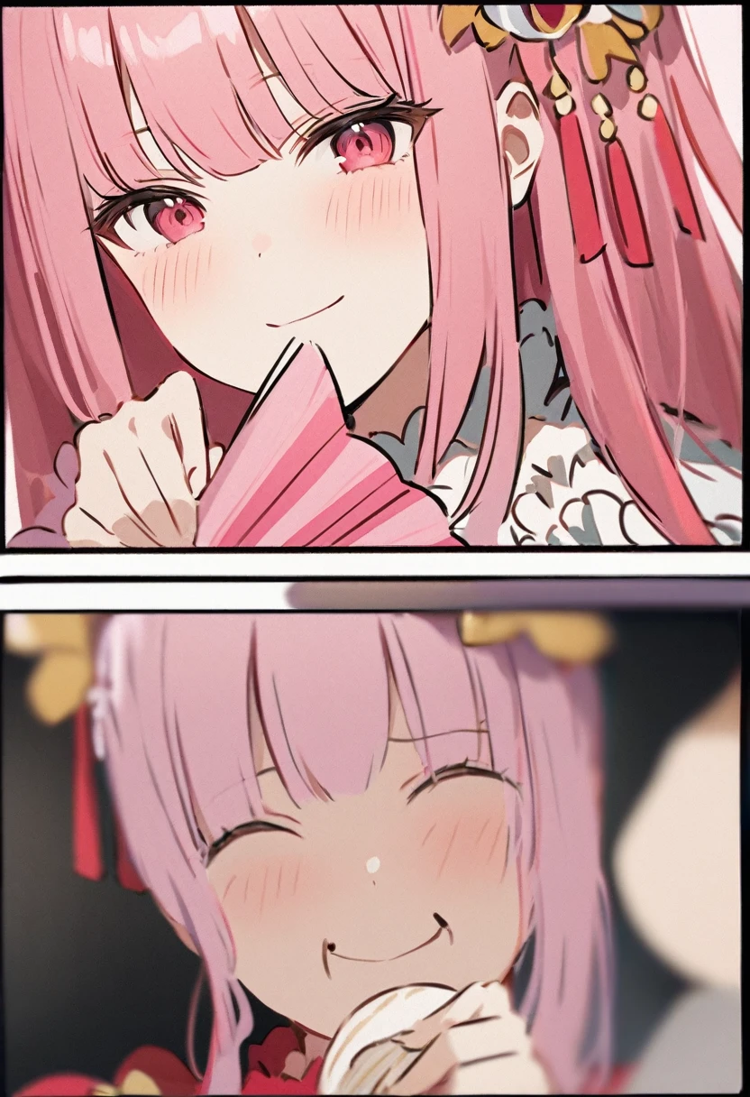 top quality, masterpiece,a girl and a woman, , peal purple and blunt hits hair, twin braids, closed eyes, Mouth wide open and screaming., blush, smiling,Fangs,(a girl with clos hairpin, pink shirt,cosplay, Kei, hits, black skirt, black bow, looking at the viewer, bow, long sleeves, choker, Love,:1.4),A girl being examined by a female doctor in a white coat,