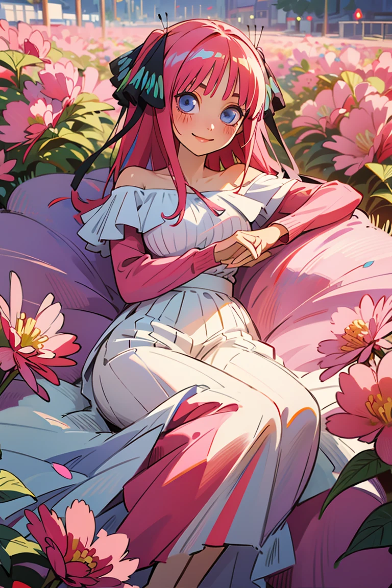 Best quality, masterpiece, ultra high res, (photorealistic:1.4), raw photo, 1girl, white dress, off shoulder, blossom flower field, glowing skin, light smile, nino nakano, pink red long hair, shoulder, blue eyes, hair ribbons, full body, laying down among flowers