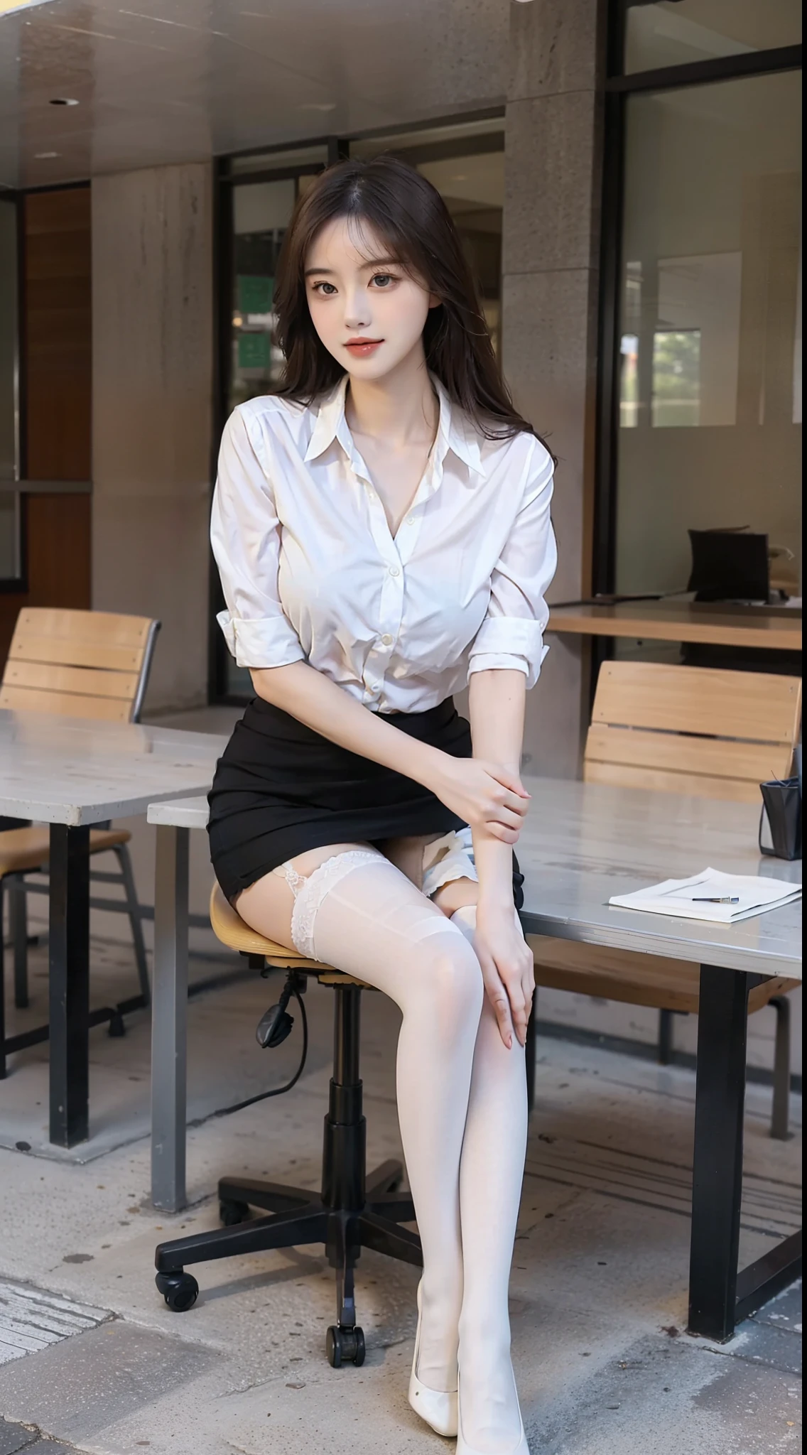 best qualtiy, Full body like，Refined face，A pair of smart eyes，pretty  face，25 years old woman，slimfigure，Larger bust，office lady uniform，Office wear，white stockings，Outdoor scene，Sit Pose，yellow long hair