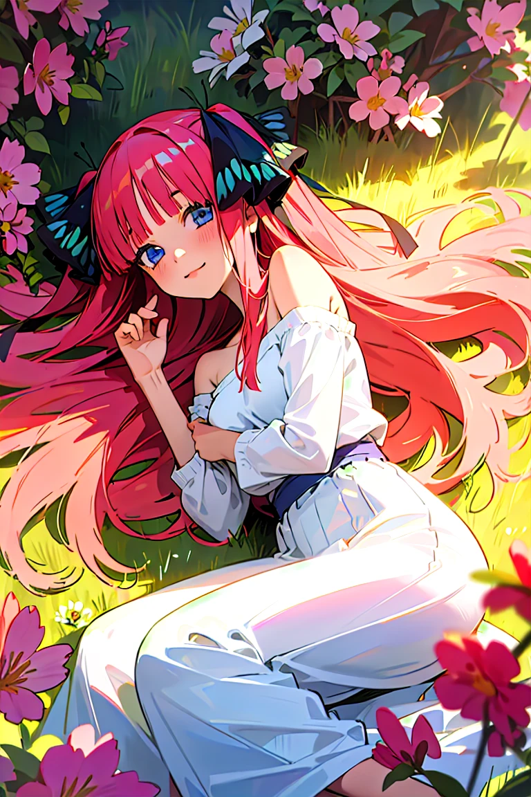 Best quality, masterpiece, ultra high res, (photorealistic:1.4), raw photo, 1girl, white dress, off shoulder, blossom flower field, glowing skin, light smile, nino nakano, pink red long hair, shoulder, blue eyes, hair ribbons, full body, laying down among flowers