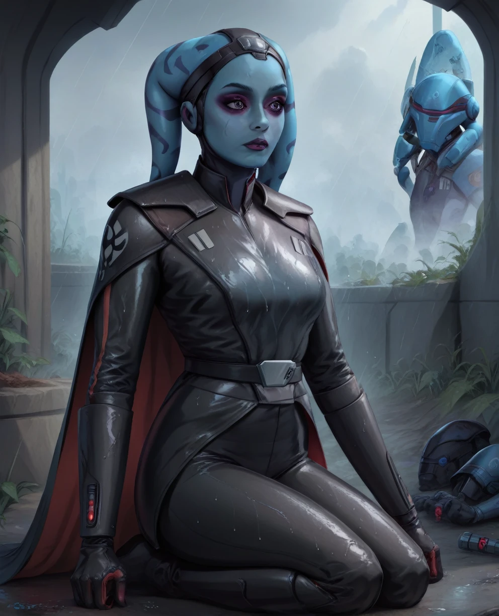 score_9,score_8_up,score_7_up,score_6_up, Female Twi'lek, Aayla Secura
 ,(((wearing armor)))
, FULL body, wet, armor,gloves,black bodysuit,black cape,belt,rain, science fiction,sith base, star wars, outdoors, rain, solo,fflixbag wearing armor sabine wren space_girl
