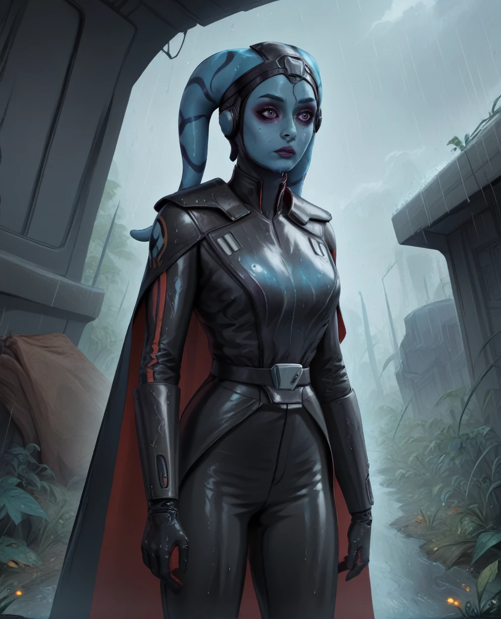 score_9,score_8_up,score_7_up,score_6_up, Female Twi'lek, Aayla Secura
 ,(((wearing armor)))
, FULL body, wet, armor,gloves,black bodysuit,black cape,belt,rain, science fiction,sith base, star wars, outdoors, rain, solo,fflixbag wearing armor sabine wren space_girl
