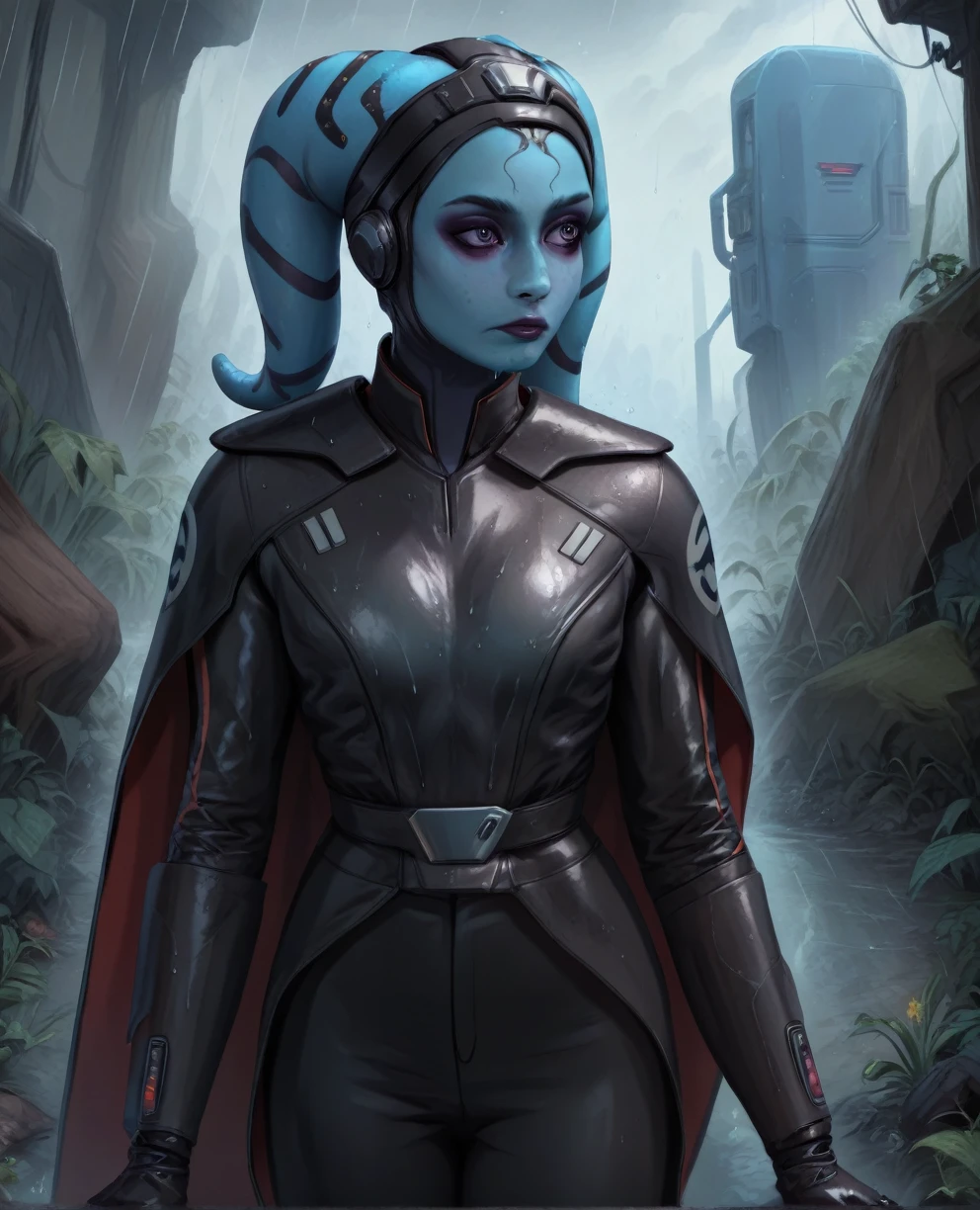 score_9,score_8_up,score_7_up,score_6_up, Female Twi'lek, Aayla Secura
 ,(((wearing armor)))
, FULL body, wet, armor,gloves,black bodysuit,black cape,belt,rain, science fiction,sith base, star wars, outdoors, rain, solo,fflixbag wearing armor sabine wren space_girl
