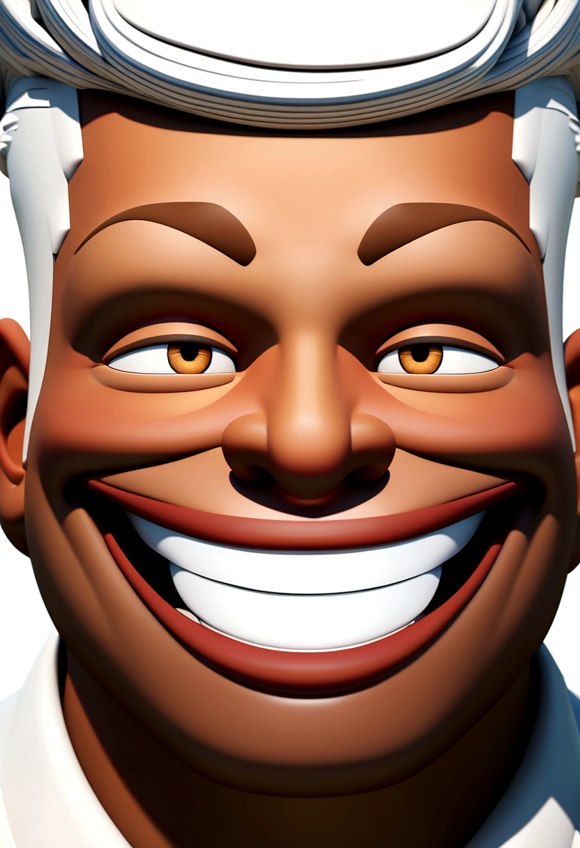 Illustration of smiling man, insane smile, brown skin man with a giant grin, smiling happily at the camera, cheeky smile, he is smiling, very huge smile, smiling male, headshot profile picture, laughing huge smile, drawing in 3D Art style, C4D, pure white color background, Disney style, pixar style render illustration Super Detail, 8K