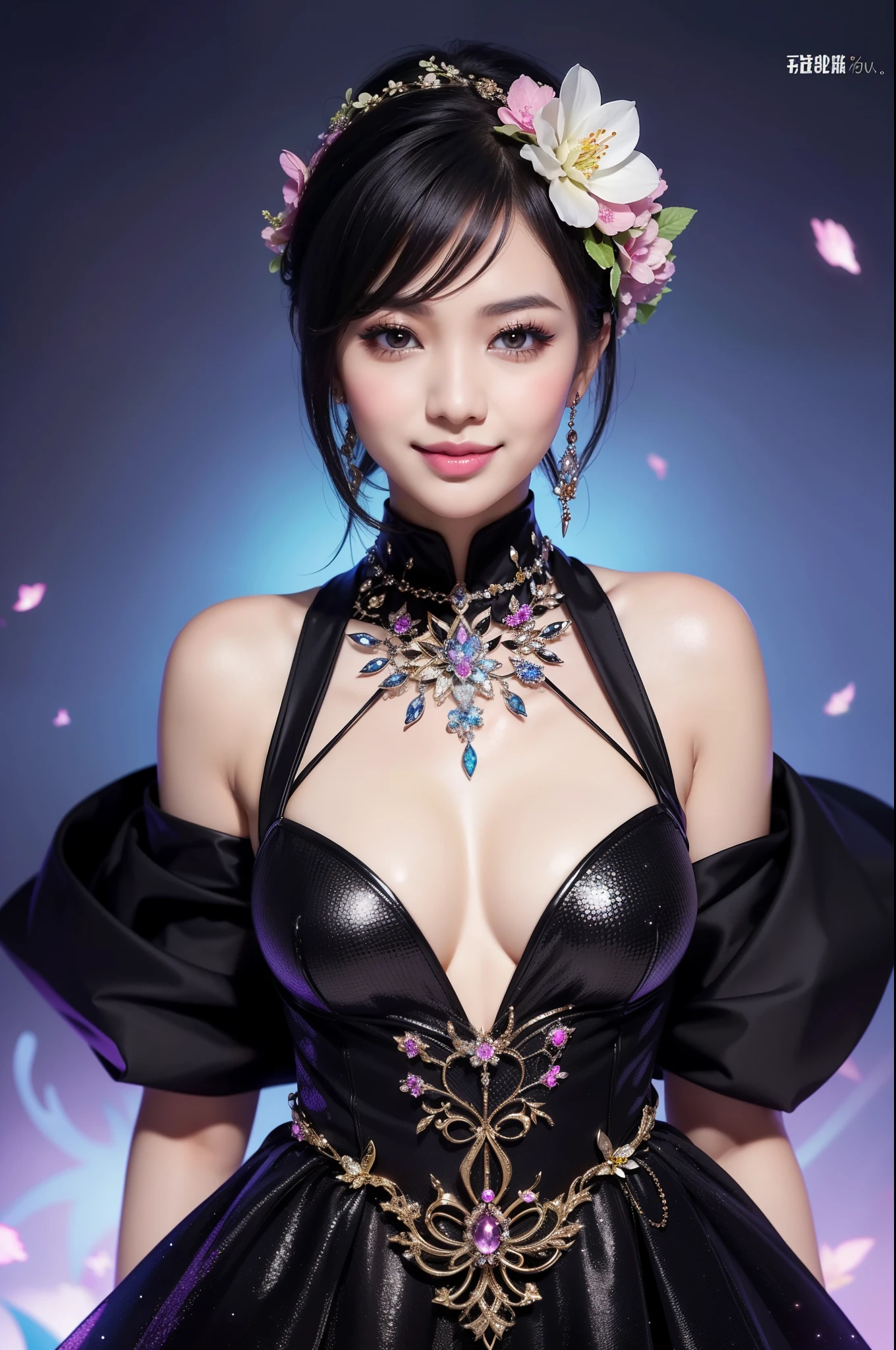 sexy Thai model who controls poison、smiling face、lipgloss、long lashes、gothic makeup、look at the camera、full body Esbian、、sparkling poisoned flower costume、、、、sparkling Colorful short hair、secrete poison、skull hair accessories、ultra detailed tights、shiny sparkling flowers background