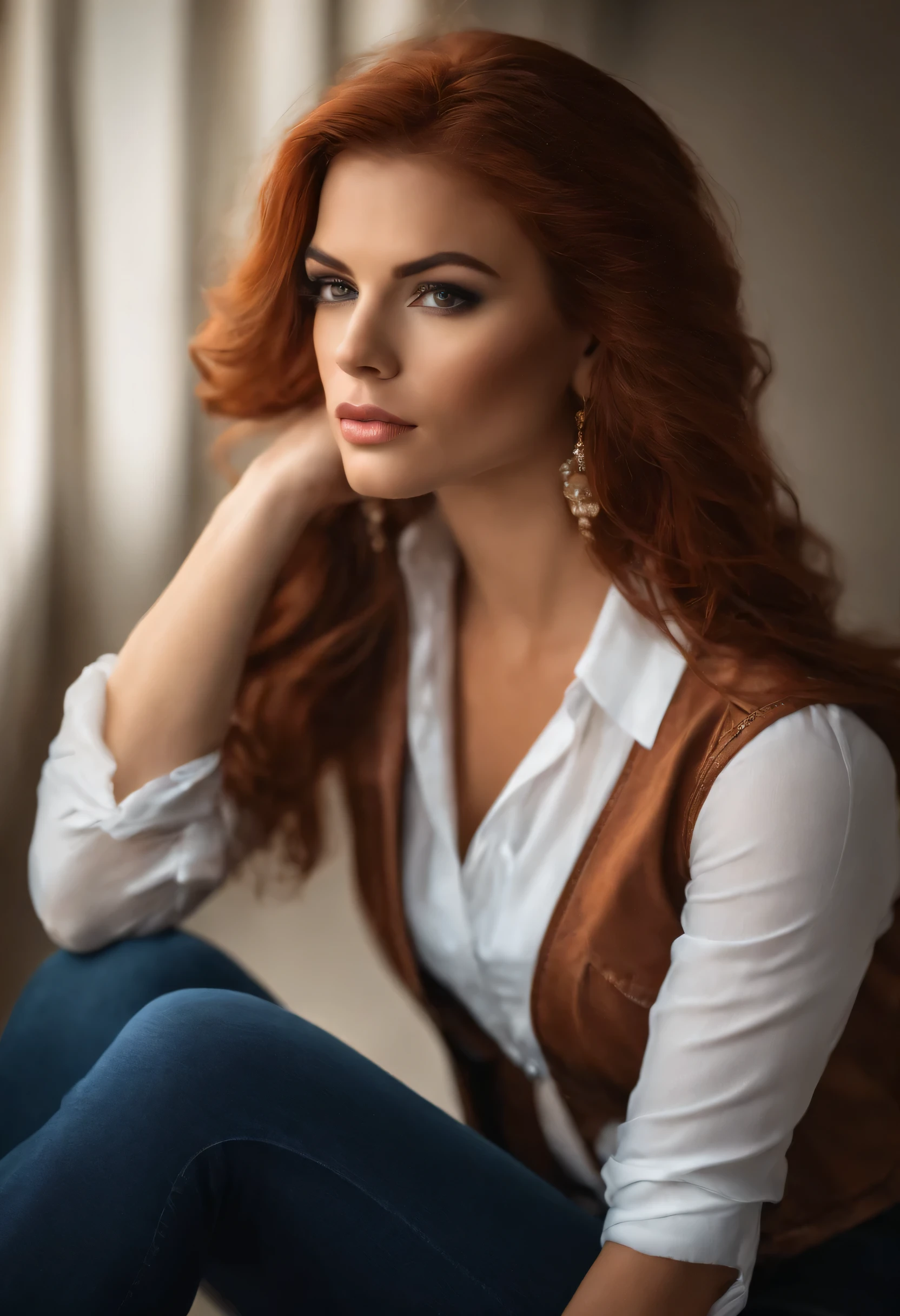 red-haired woman , rosto angelical, serious face , jeans and tank top