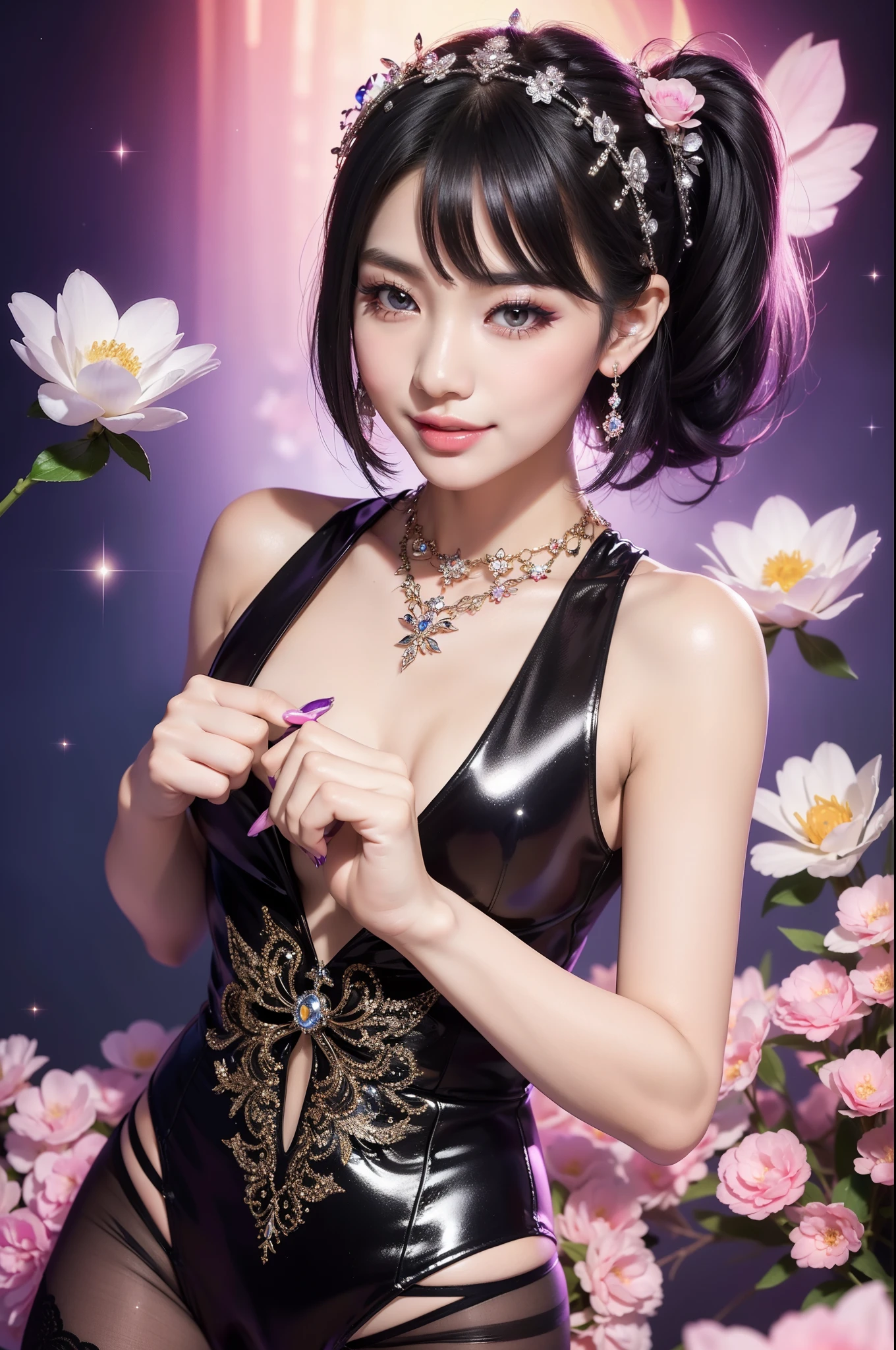 sexy Thai model who controls poison、smiling face、lipgloss、long lashes、gothic makeup、look at the camera、full body Esbian、、sparkling poisoned flower costume、、、、sparkling Colorful short hair、secrete poison、skull hair accessories、ultra detailed tights、shiny sparkling flowers background